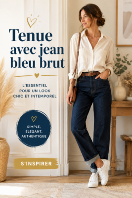 Tenue élégante avec un jean bleu brut et un haut chic en salle de séjour cozy.