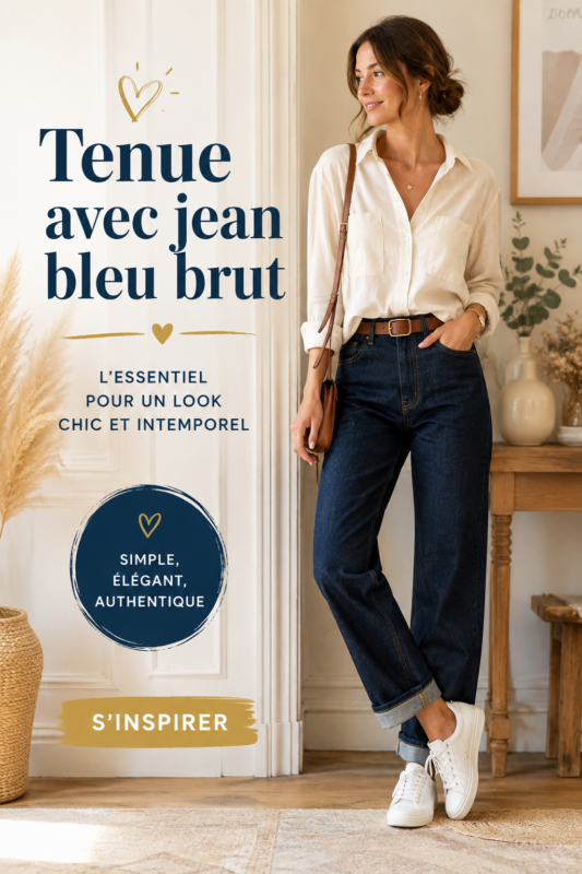 Tenue élégante avec un jean bleu brut et un haut chic en salle de séjour cozy.