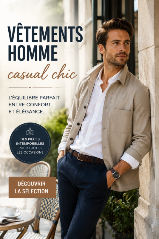 Look masculin casual chic avec chemise et pantalon élégant.
