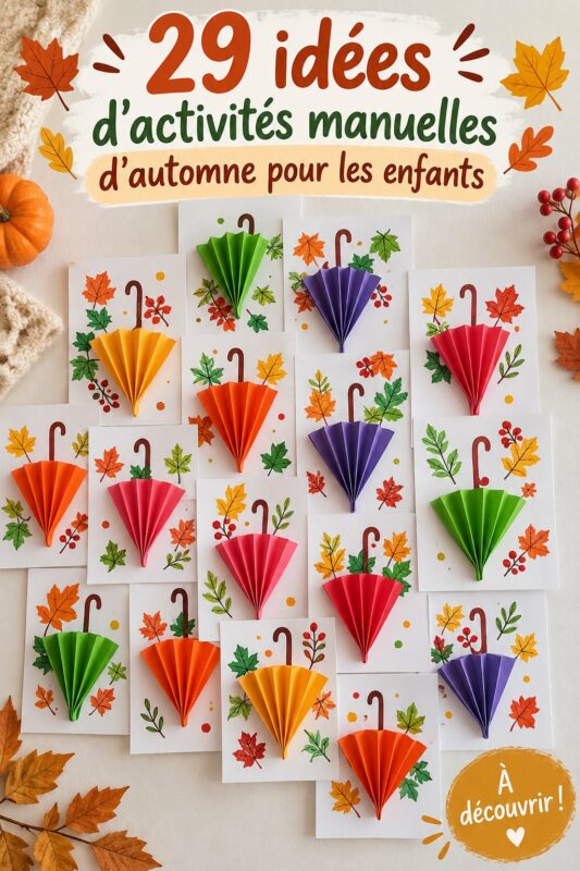 Ensemble d'activités manuelles d'automne réalisées par des enfants, comprenant des décorations en feuilles.