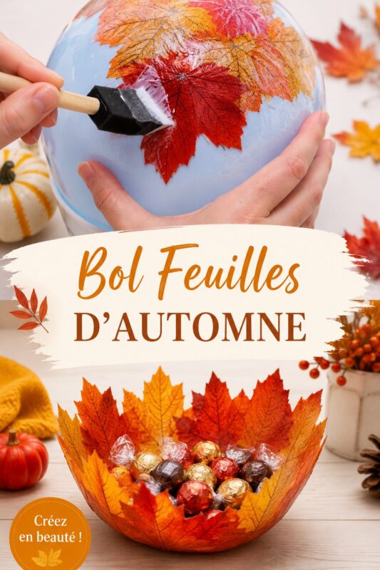 Bol décoratif en feuilles d'automne sur une table en bois