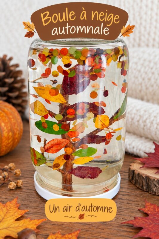 Boule à neige automnale décorée avec des feuilles et des citrouilles, apportant une ambiance cozy à l'intérieur.
