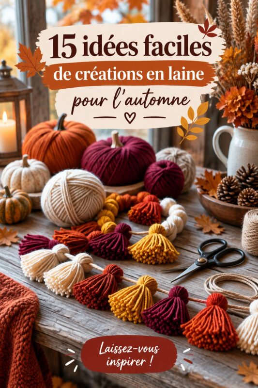 Décoration automnale avec des projets en laine colorée, apportant une ambiance cozy dans la maison.
