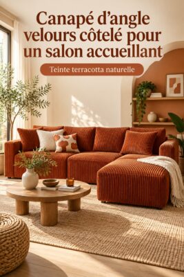 Salon cosy avec un canapé d'angle en velours côtelé terracotta.