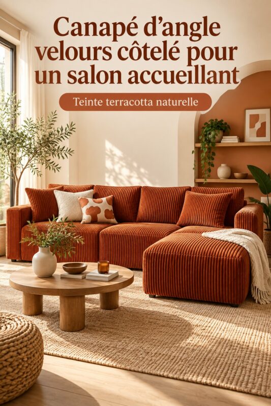 Salon cosy avec un canapé d'angle en velours côtelé terracotta.