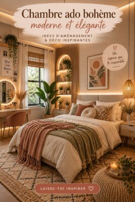 Chambre d'adolescent décorée dans un style boho moderne avec des textiles colorés et des accessoires élégants.