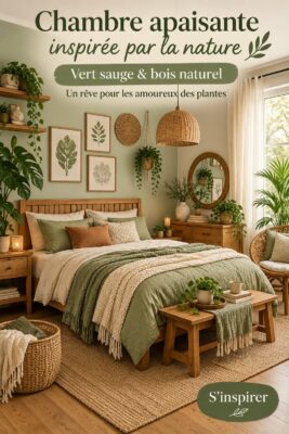 Chambre apaisante avec des murs en vert sauge et des meubles en bois.