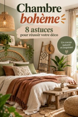 Chambre décorée dans un style bohème avec des textiles naturels et des couleurs chaudes.