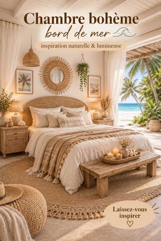 Chambre décorée dans un style bohème avec des éléments marins et lumineux.