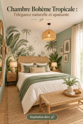 Chambre bohème tropicale avec des éléments naturels et une ambiance apaisante.