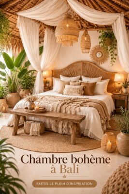 Chambre boho inspirée de Bali avec décoration chaleureuse et tropicale.
