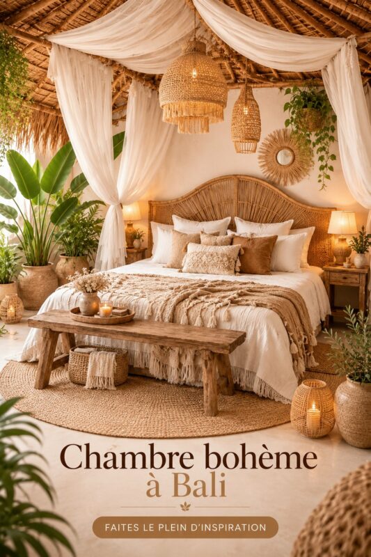 Chambre boho inspirée de Bali avec décoration chaleureuse et tropicale.