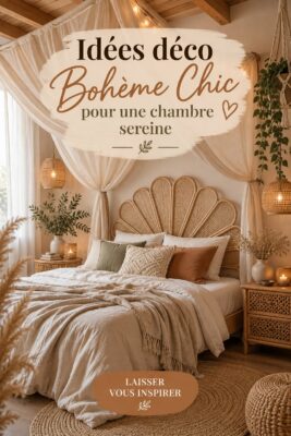 Chambre boho chic avec des couleurs douces et des textiles naturels, créant une ambiance apaisante.