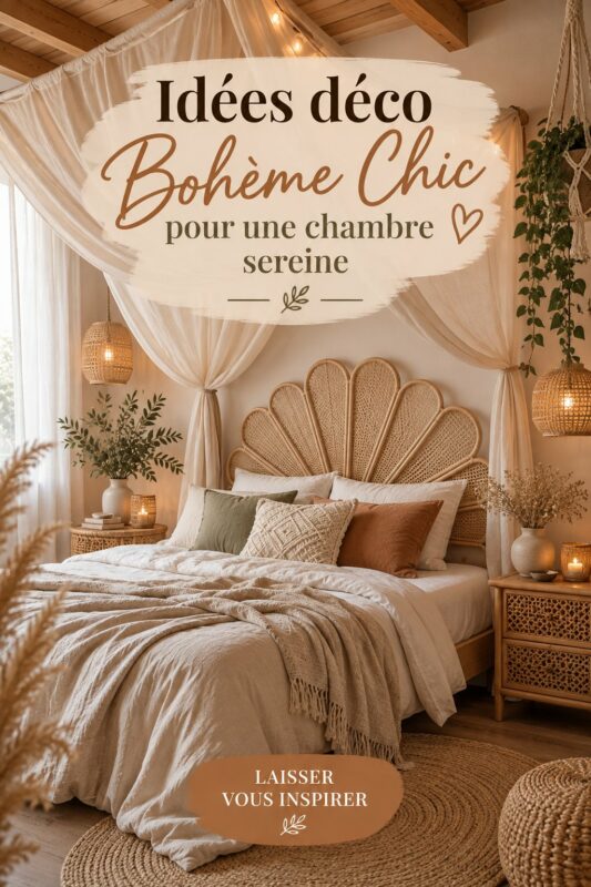 Chambre boho chic avec des couleurs douces et des textiles naturels, créant une ambiance apaisante.