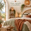 Chambre boho chic avec des couleurs douces et une décoration cosy.
