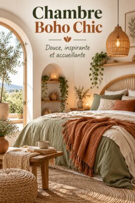 Chambre boho chic avec des couleurs douces et une décoration cosy.