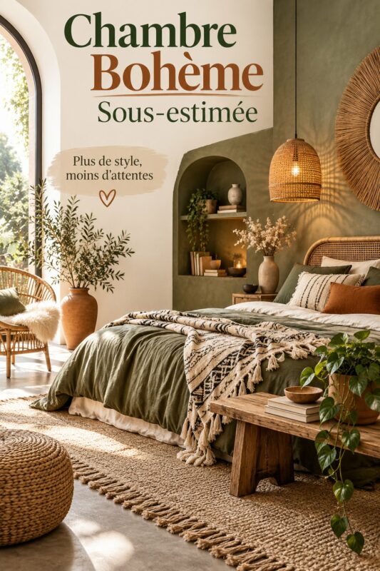 Chambre boho cocooning avec des tons chauds et des textures naturelles.
