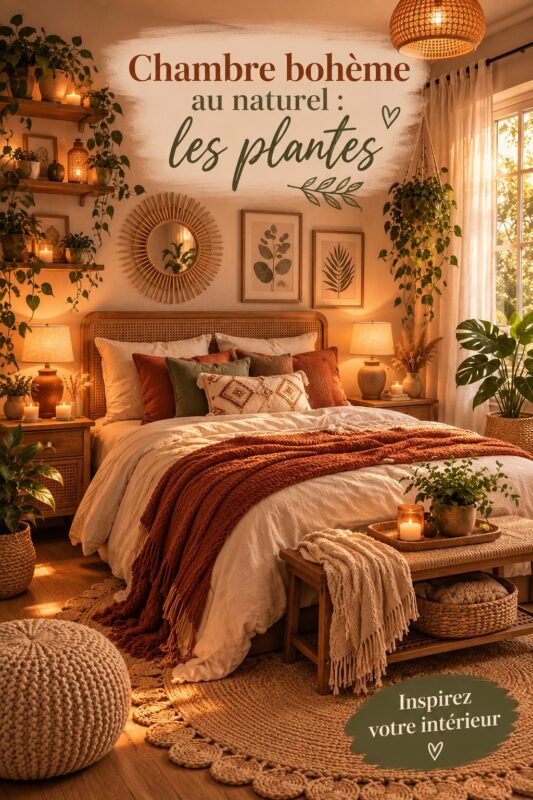 Chambre boho chaleureuse avec des plantes et une lumière douce
