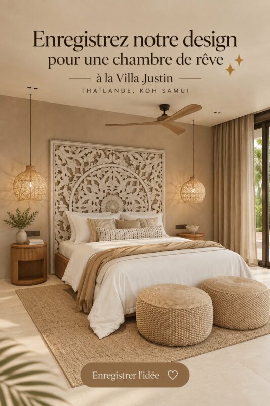 Chambre cozy inspirée de Koh Samui avec des tons naturels et des éléments décoratifs
