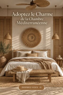 Chambre décorée dans un style méditerranéen avec des couleurs chaudes et des matériaux naturels.