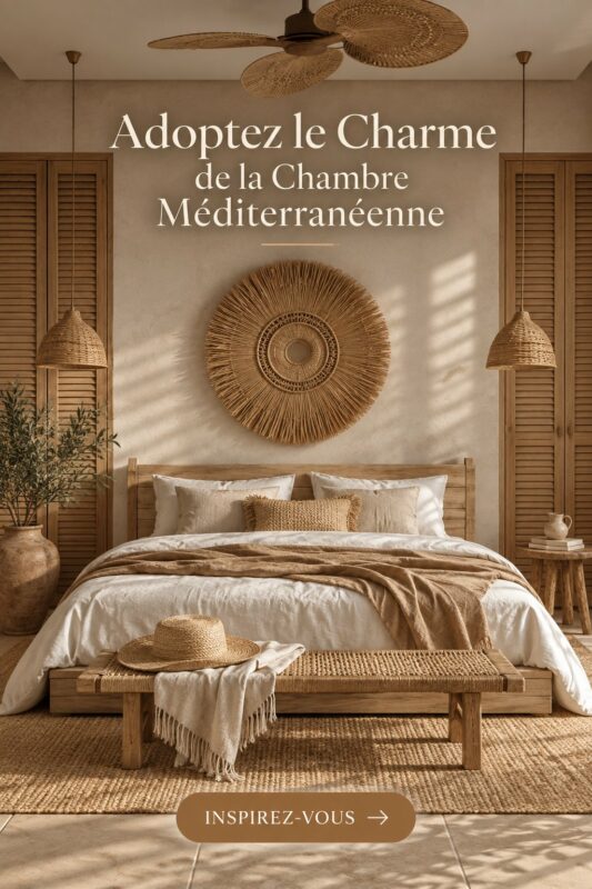 Chambre décorée dans un style méditerranéen avec des couleurs chaudes et des matériaux naturels.