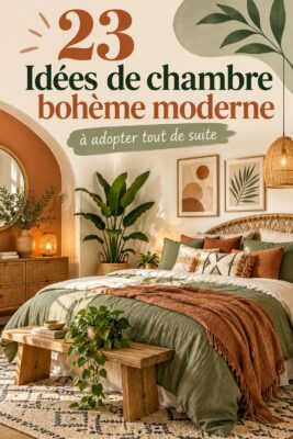 Chambre moderne décorée dans le style bohème avec des tissus colorés et des éléments naturels.