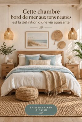 Chambre cosy inspirée des plages, décorée en couleurs neutres et apaisantes.