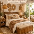 Intérieur d'une chambre rustique avec du bois chaleureux et des textiles douillets
