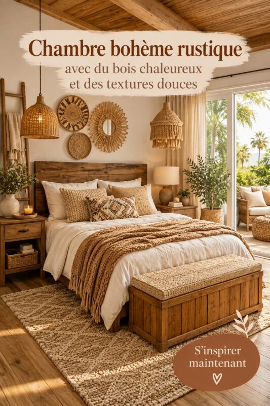Intérieur d'une chambre rustique avec du bois chaleureux et des textiles douillets