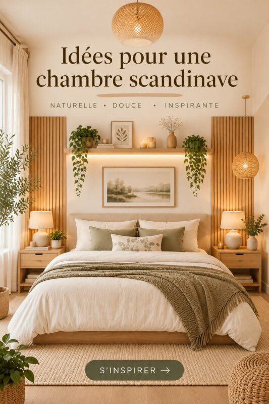 Chambre scandinave cosy avec décor minimaliste et éclairage doux