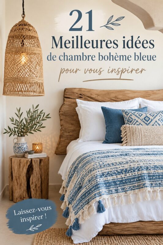 Chambre décorée dans un style boho avec des nuances de bleu