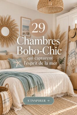 Chambre boho-chic aux teintes marines et accessoirisée pour une ambiance apaisante.