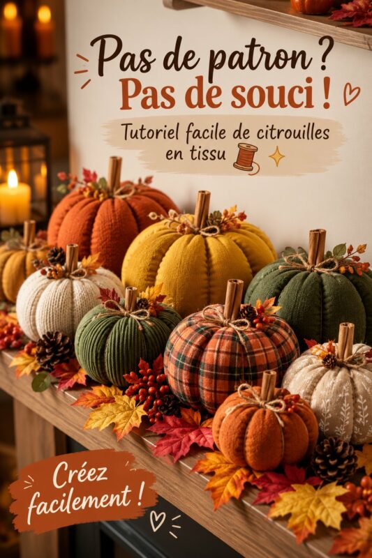Photo de citrouilles en tissu de différentes tailles et couleurs, idéales pour une décoration d'automne cozy.