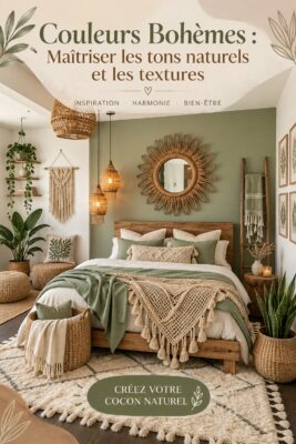 Salon décoré avec des couleurs boho et des textures naturelles.