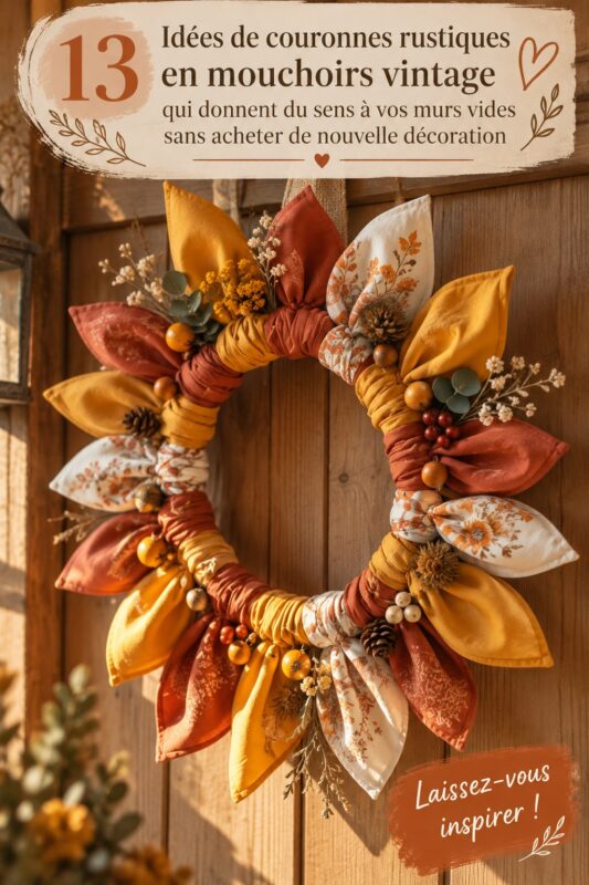 Couronne vintage en tissu accrochée à un mur, ajoutant une touche cozy à la décoration intérieure.