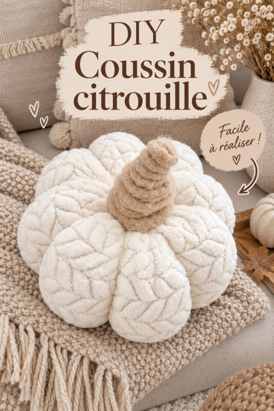 Coussin citrouille fait maison sur un canapé cosy, ajoutant une touche automnale
