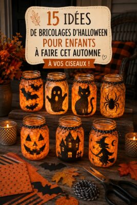 Maquette de créations d'Halloween réalisées par des enfants avec des décorations colorées.