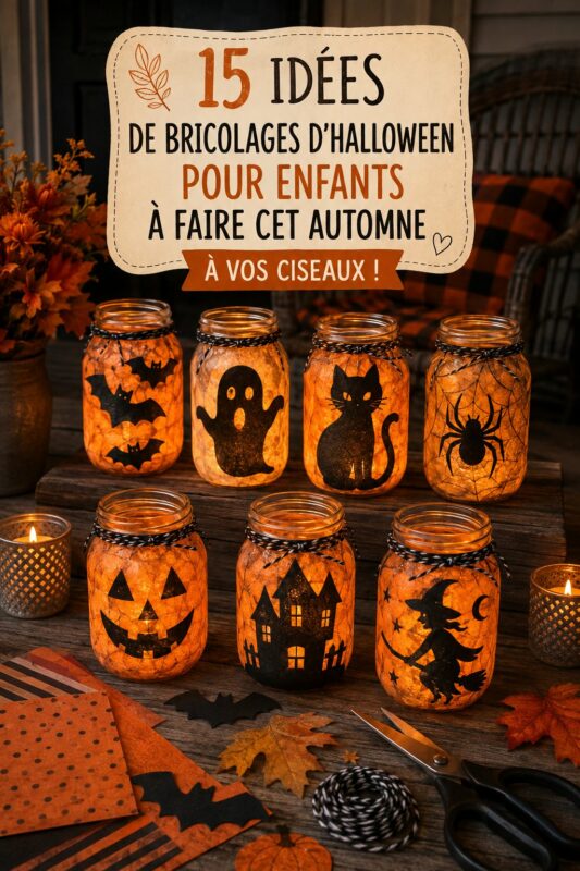 Maquette de créations d'Halloween réalisées par des enfants avec des décorations colorées.
