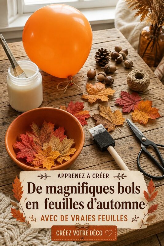 Bols en feuilles d'automne colorées sur une table décorée, ajoutant une ambiance cozy.