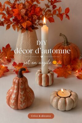 Un ensemble de décoration d'automne en argile fait maison, incluant des citrouilles et des feuilles colorées.