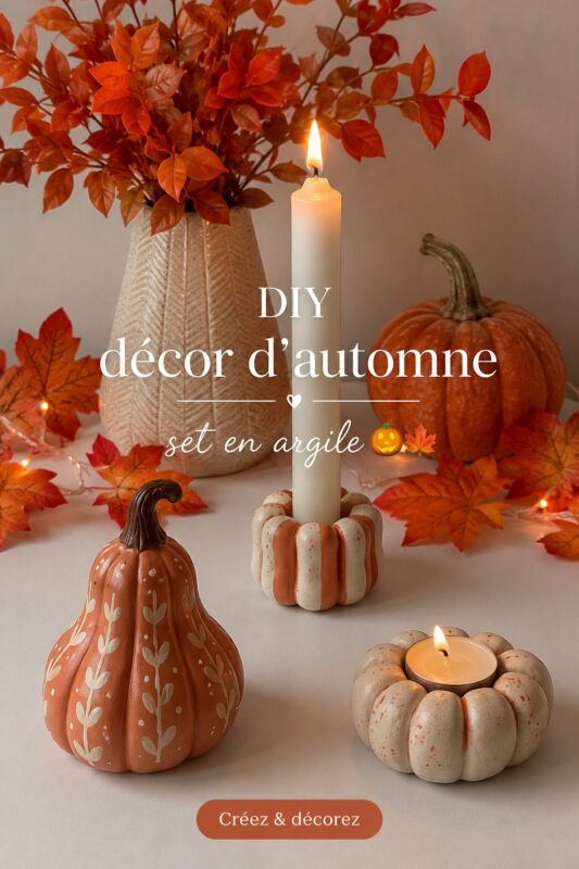 Un ensemble de décoration d'automne en argile fait maison, incluant des citrouilles et des feuilles colorées.