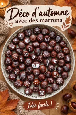 Décoration cozy d'automne avec des marrons sur une table en bois.