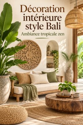 Espace de vie avec des éléments décoratifs inspirés de Bali, incluant des textiles naturels et des meubles en bois.