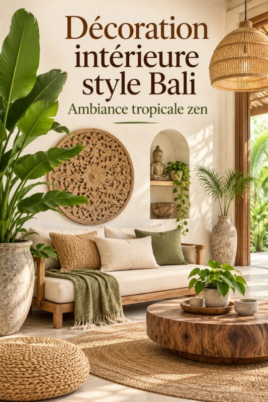 Espace de vie avec des éléments décoratifs inspirés de Bali, incluant des textiles naturels et des meubles en bois.