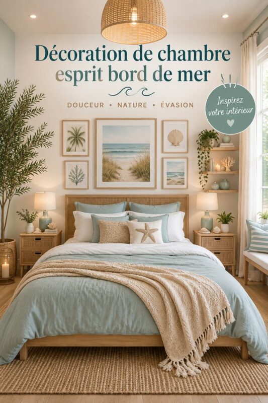 Chambre décorée dans un style côtier avec des éléments naturels et des couleurs apaisantes