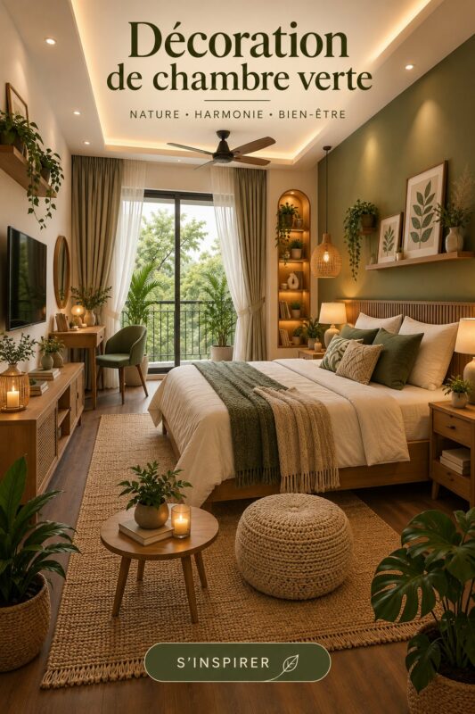 Une chambre moderne avec une décoration verte et des éléments boho pour une ambiance chaleureuse.