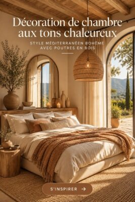 Chambre cosy avec poutres en bois et décoration méditerranéenne.