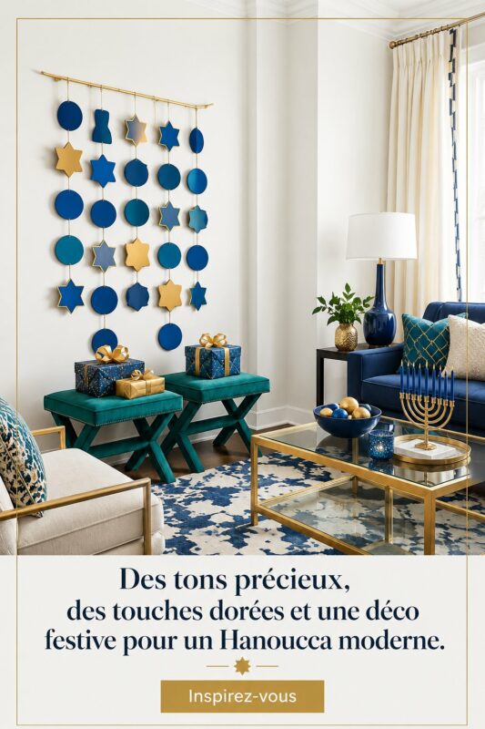 Intérieur décoré pour Hanoukka avec des tons jewel et des touches dorées