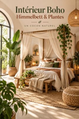 Un intérieur boho avec un lit suspendu et des plantes luxuriantes.
