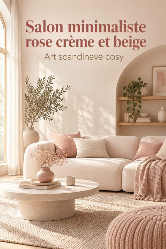 Salon cosy décoré en rose crème et beige avec des éléments scandinaves